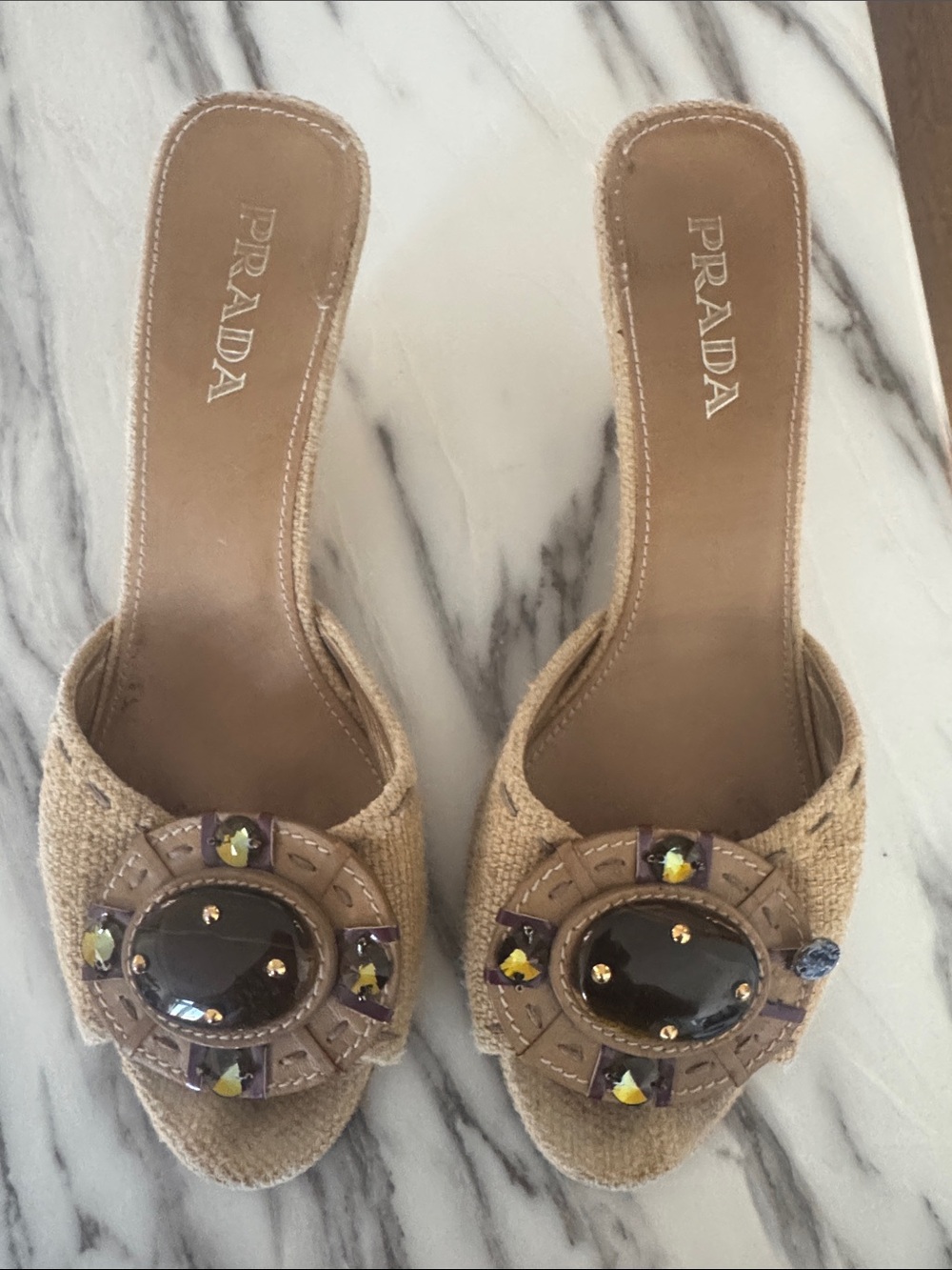 Vintage Authentic Prada Beige Embellished Open-Toe Mules